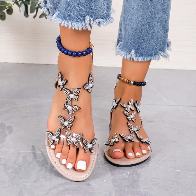 Women\'s Shoes 2024 New Elastic Band Women\'s Sandals Summer Dress Sandals Women Crystal Butterfly Open Toe Plus Size Shoes Women