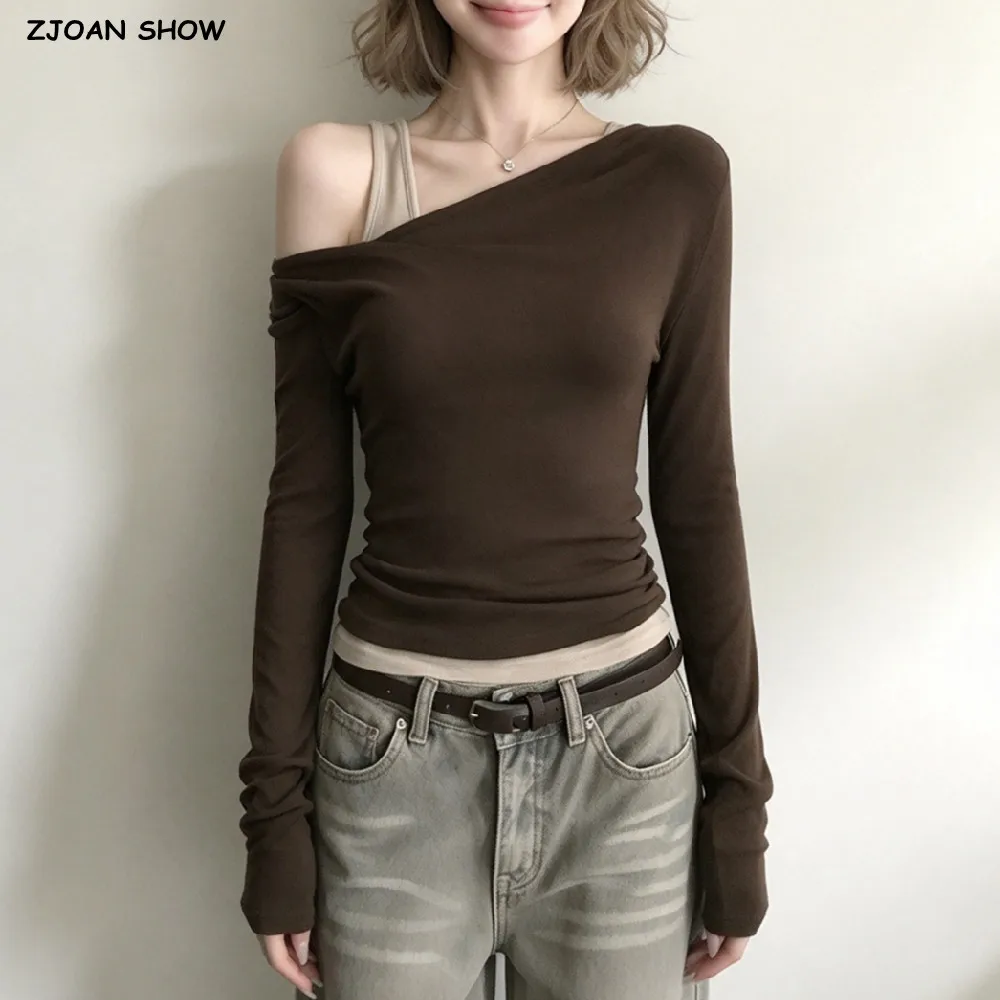 Spring Autumn Women 2 Pieces 1 Set One Shoulder Skew Neck Long Sleeve T-shirt Slim Fit Stretch Tee Streetwear Tops Coffee