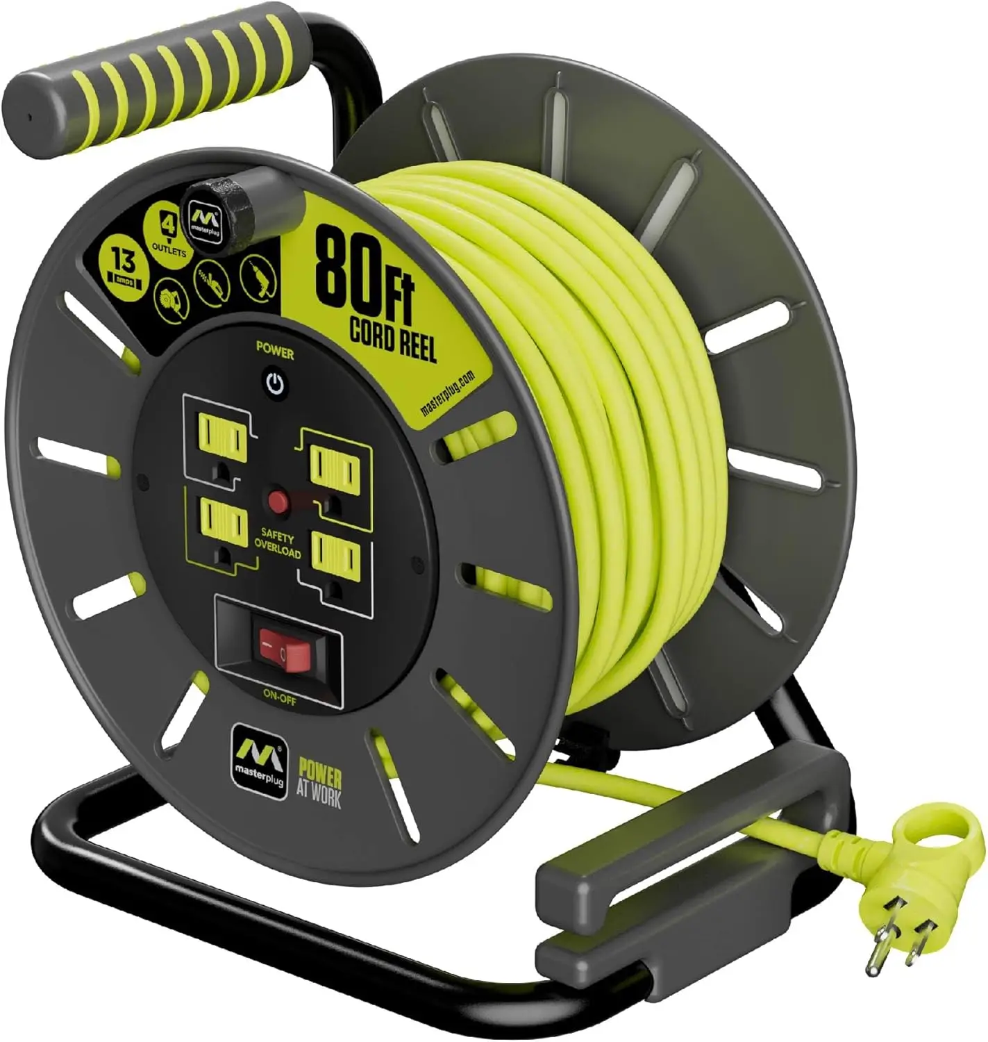 80ft Cord Reel, Retractable Extension Lead with Winding Handle,   Power Switch, 4X Grounded Outlets, 13amps, 14AWG Cable