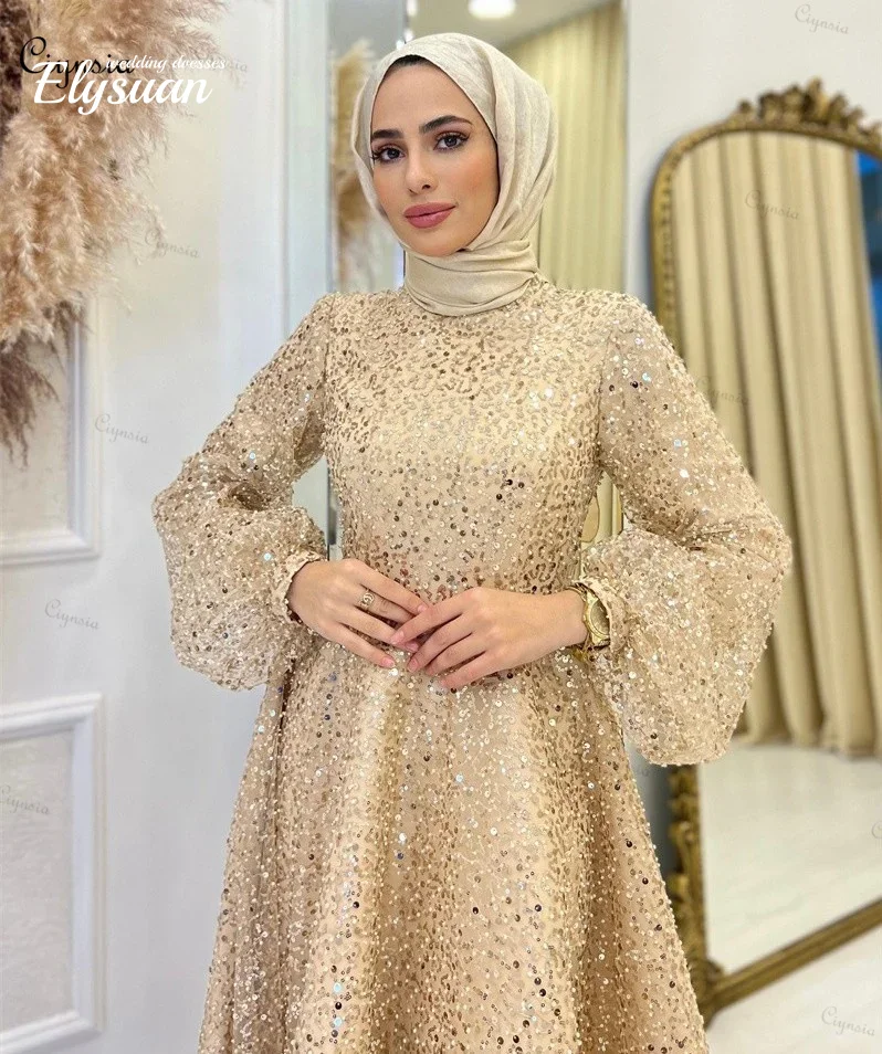 Блестящие мусульманские вечерние платья по индивидуальному заказу длиной до пола, кружевной кафтан с пышными рукавами и бисером, вечернее платье для свадебной вечеринки для женщин с высоким вырезом