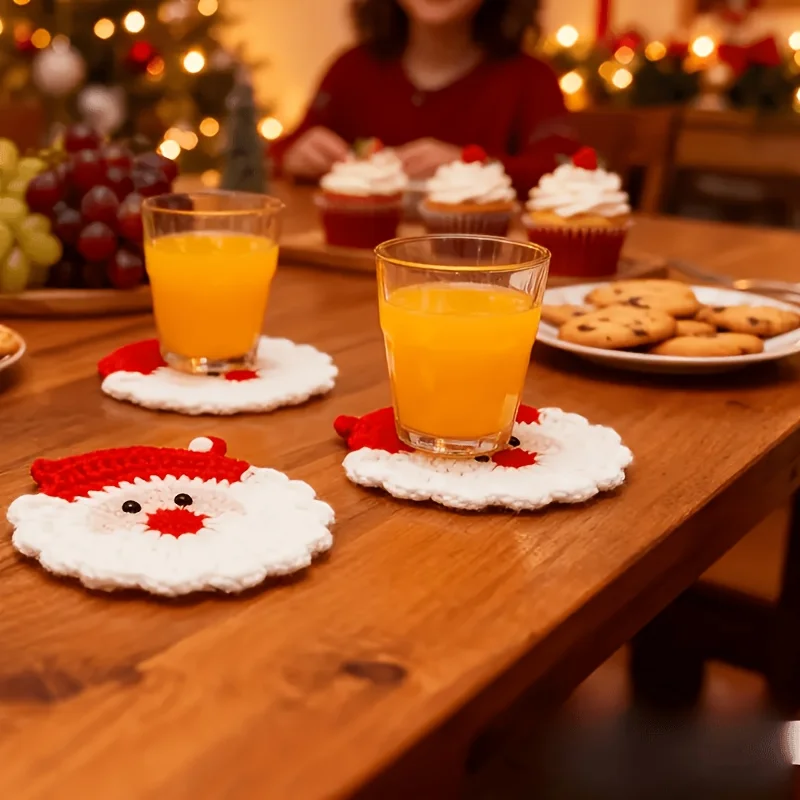2pcs Handmade Crochet Santa Claus Coaster - Holiday Decoration，Durable fabric drink tray，Holiday Table Decorations，Unique Christ