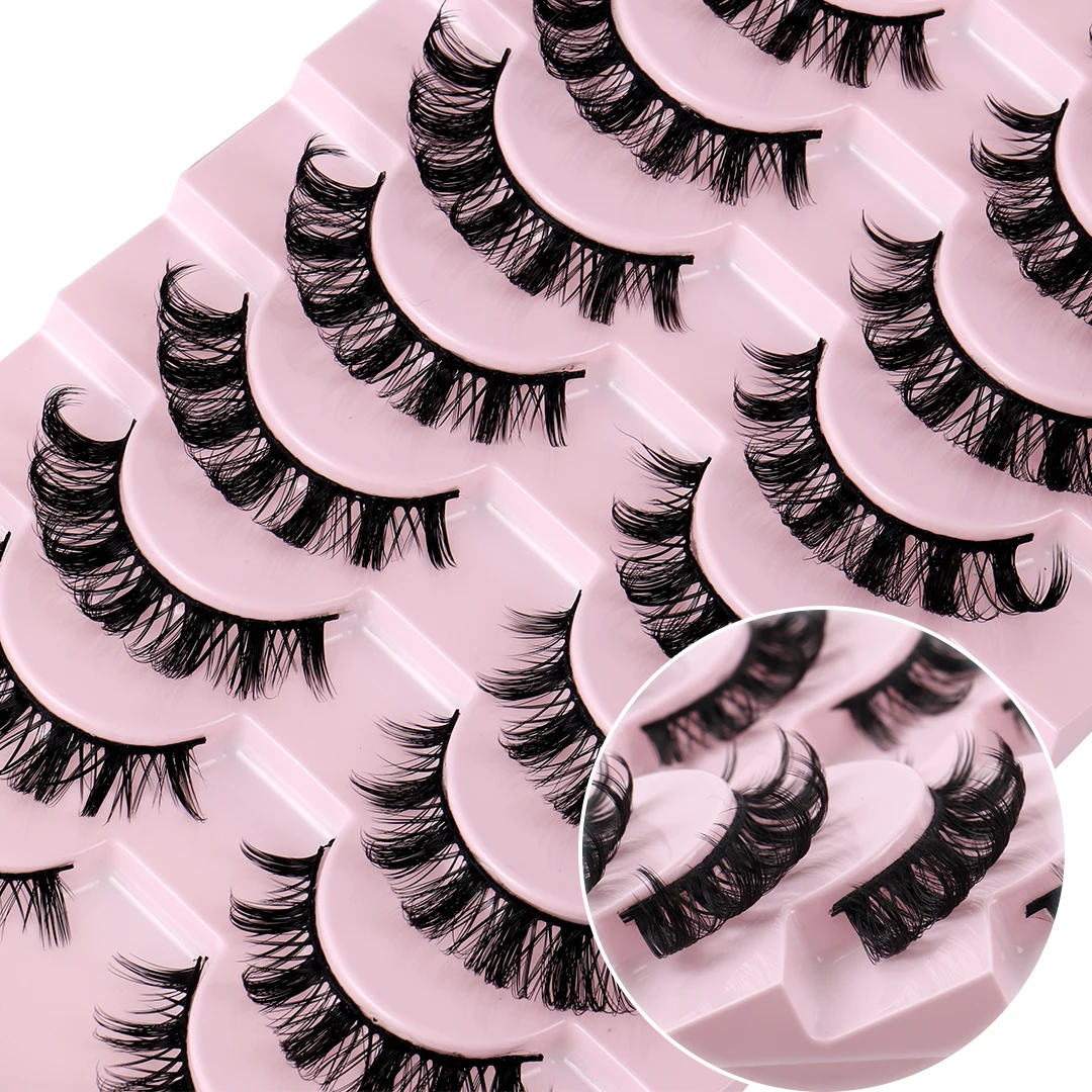 10 Pairs Russian Strip Lashes D Curl Fake Lashes Natural Look Fluffy Volume Wispy Russian Lashes 3D Effect Fake Eyelashes