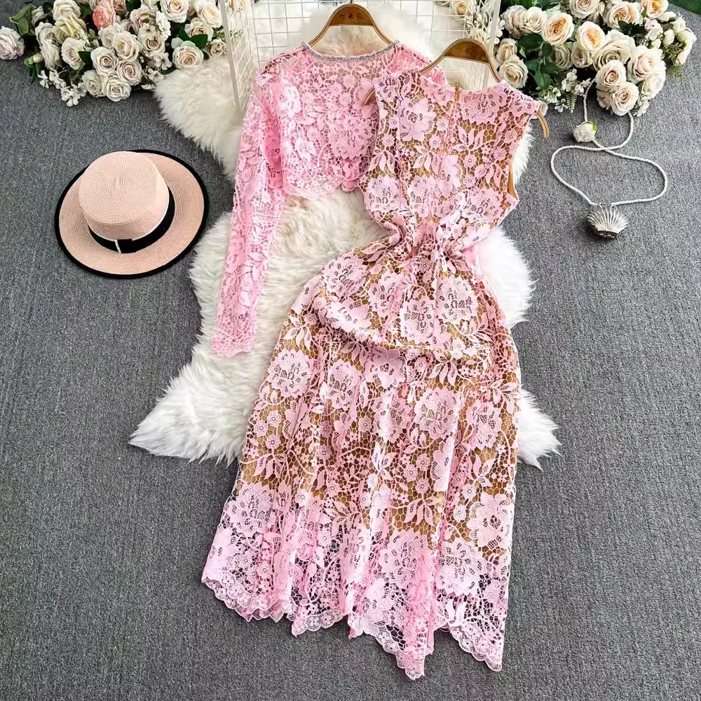 Runway Autumn Pink Lace Party Dress Suits Women Long Sleeve Diamonds Pearls Button Short Coat + Vest Midi Dresses Two Piece Set image 6