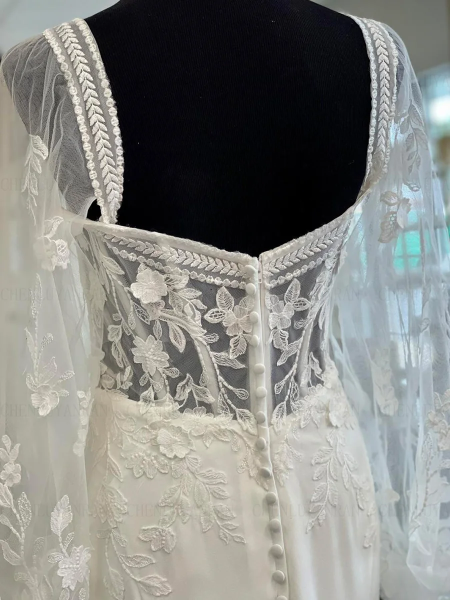 マーメイドアップリケウェディングドレスアイボリー長袖エレガントな花嫁ドレスボタンカスタムメイドドレス女性のための 2025 ローブデマリー