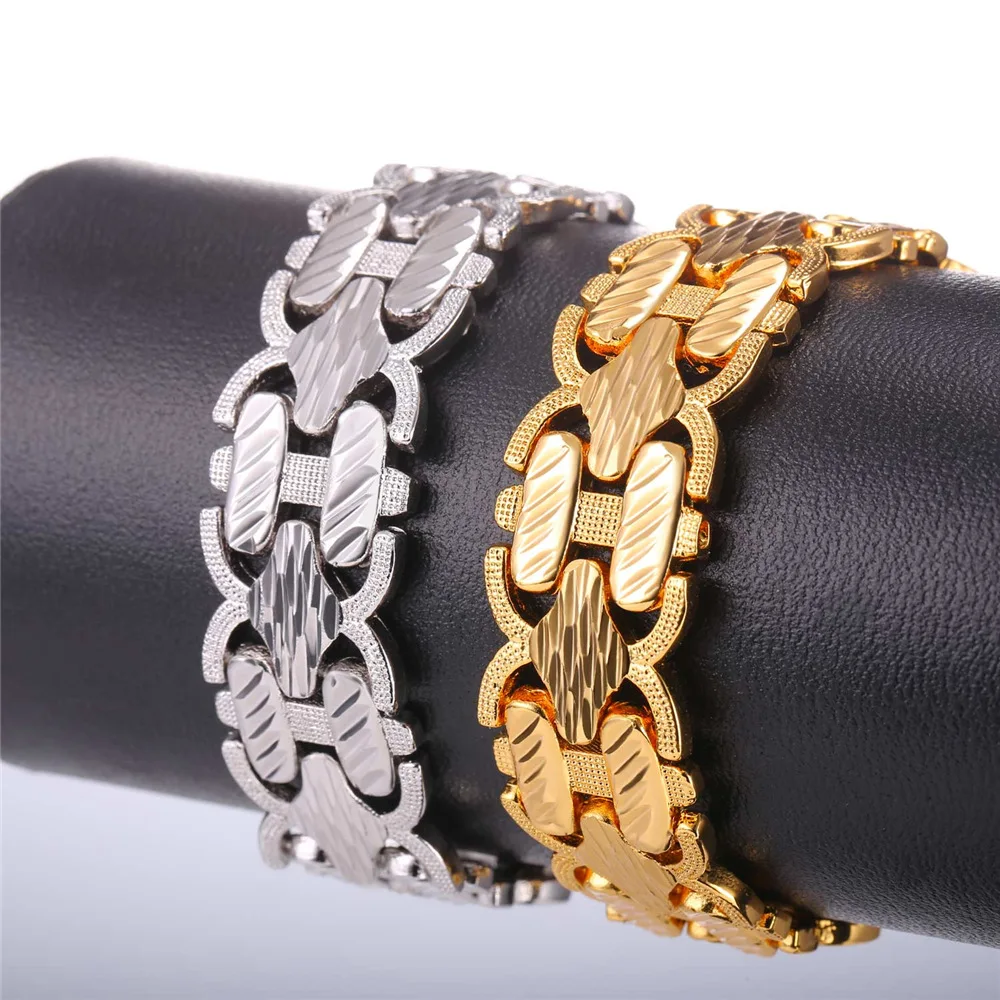 U7 Flat 17mm Wide 21cm Bracelet Bangle Silver Gold Color Hand Chain For Men/Women Retro Style Jewelry QC24