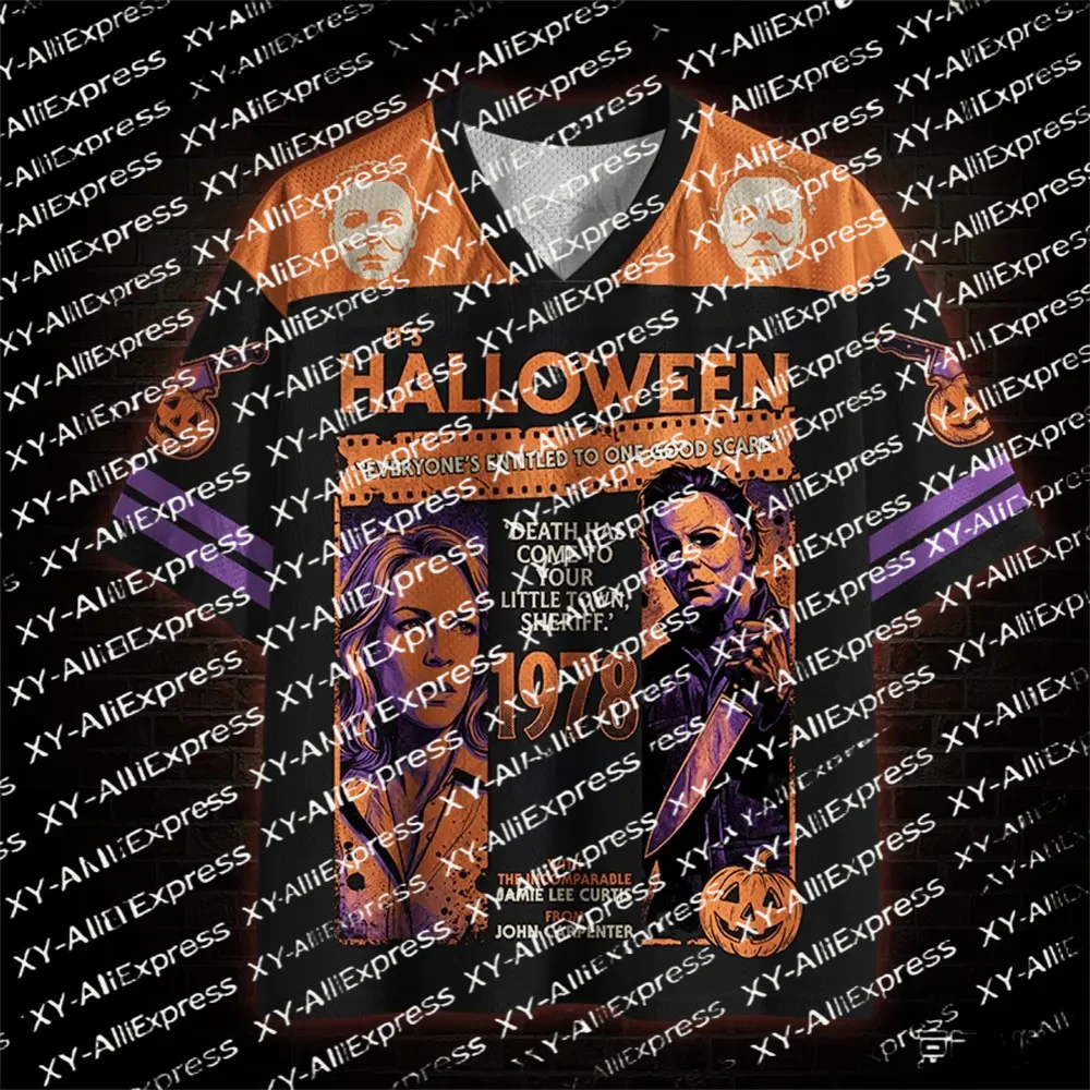 Men's Vintage Halloween Horror Mesh Hockey Jersey with Retro Pumpkin Horror Character Print, V-Neck, Street Casual T-Shirt