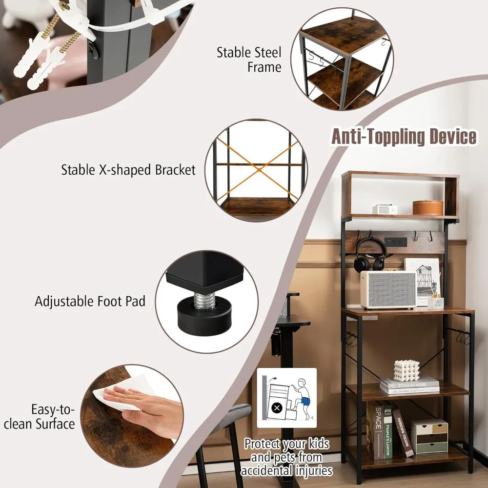 حامل ميكروويف للمطبخ مع مخرج طاقة و10 خطافات على شكل حرف S، ورف تخزين طويل القامة، وبار القهوة #6