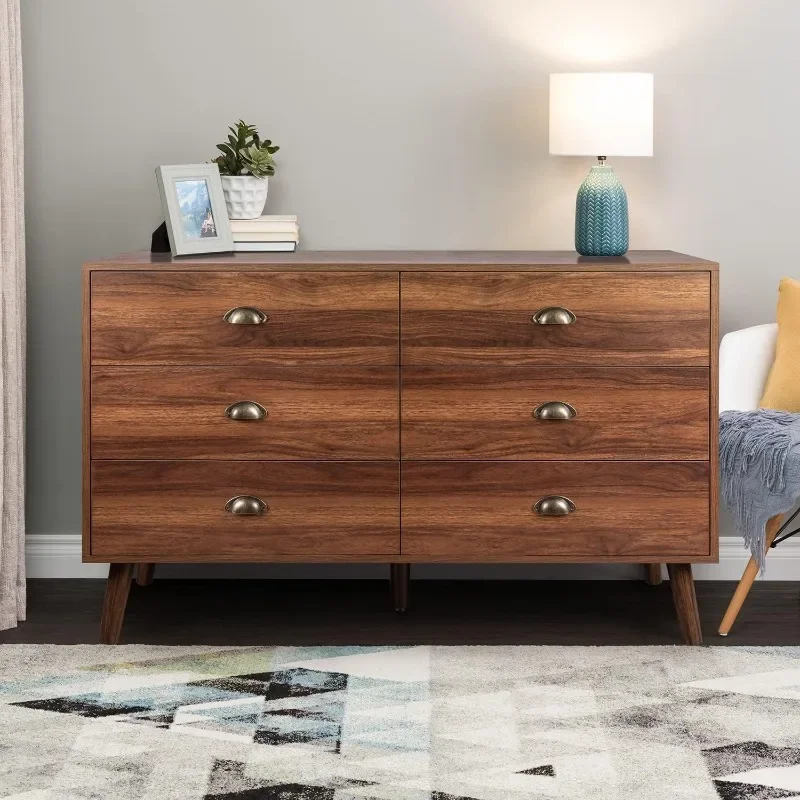 Dresser for Bedroom with 6 Drawers, Wooden Black Dresser with Golden Handles, Modern Chests of Drawer Storage Organizer