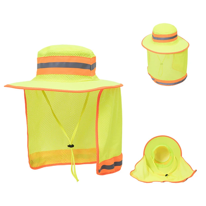 Summer Outdoor Reflective Bucket Hat with Shawl Men Work Wear Structured Safety Head Protection Cap Male Breathable Mesh Sun Hat