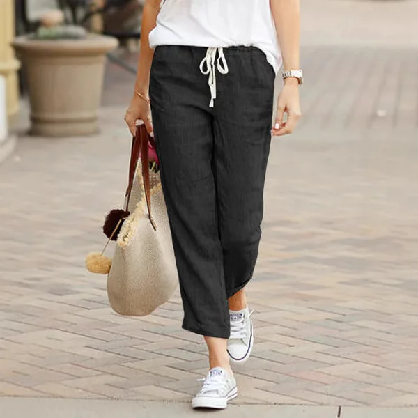 2025 European and American Spring and Autumn New Solid Color Loose Casual Drawstring Elastic Waist Cotton and Linen Trousers