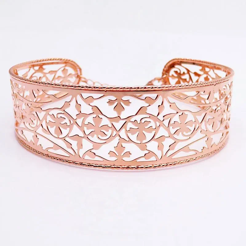 Plated 14K Rose Gold Openwork Wide Version Bracelet For Women Fashion Charm Luxury New Wedding Jewelry Gift