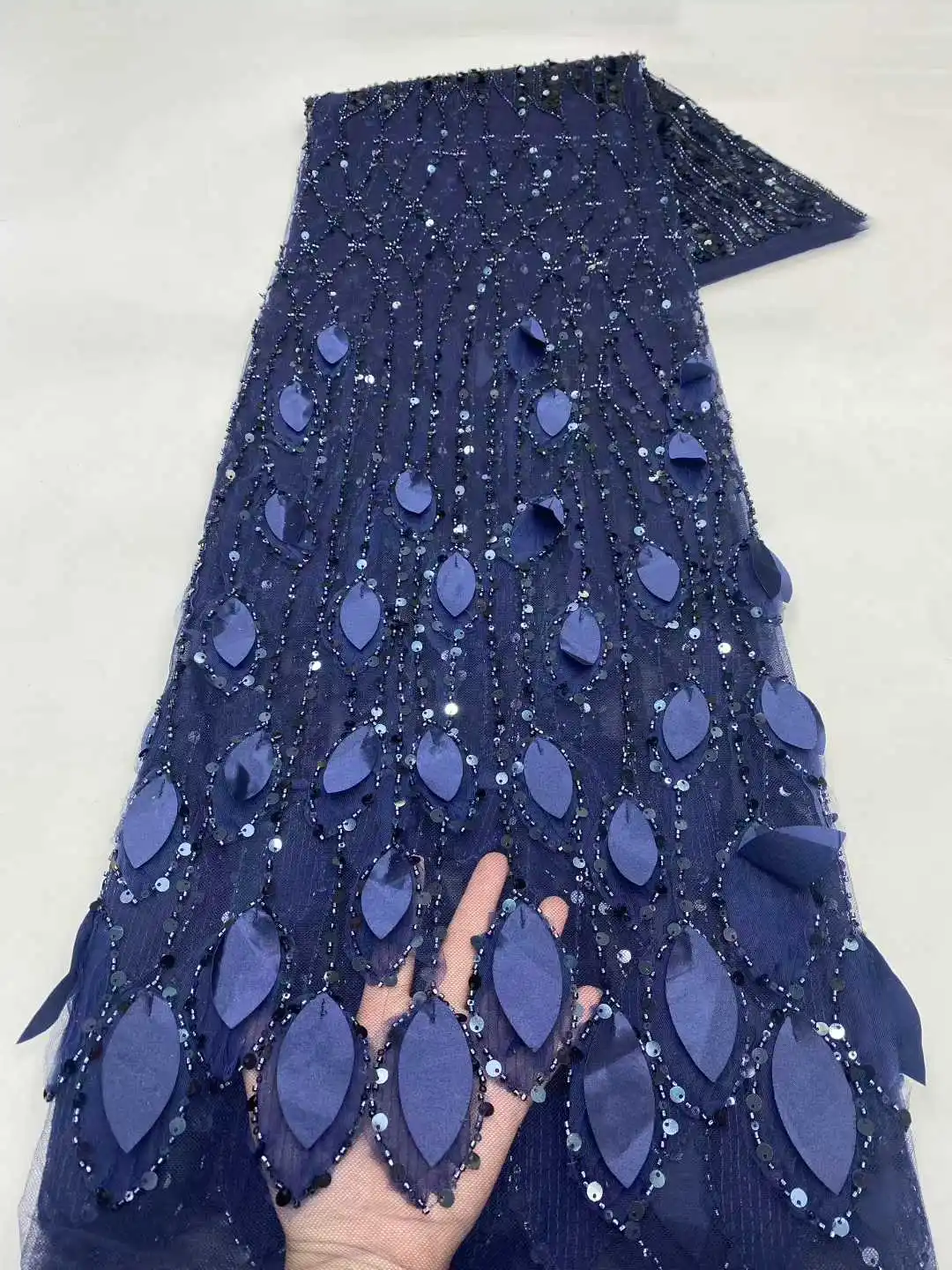 

3D Flowers In blue French Lace Fabric 2025 High Quality Lace Net African Lace Fabric With Beads Lace Fabrics For Wedding