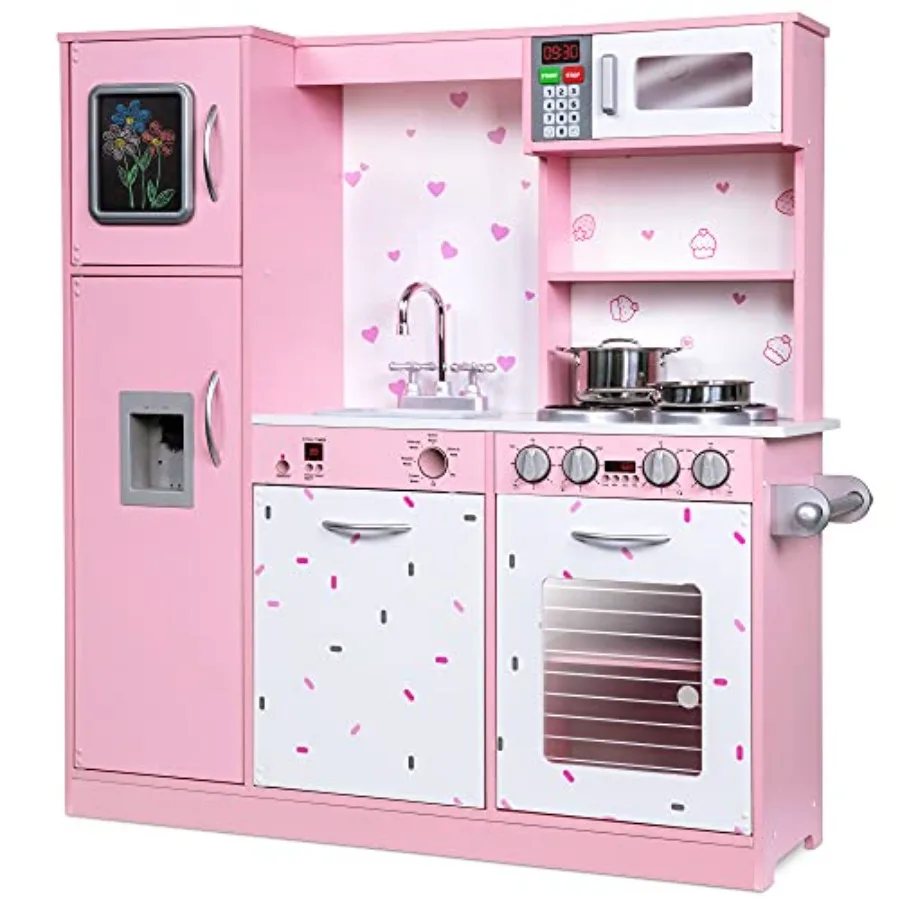 

Kitchen Set for pretend play, wooden construction, pink color, battery-operated icemaker and microwave with realistic sound, in