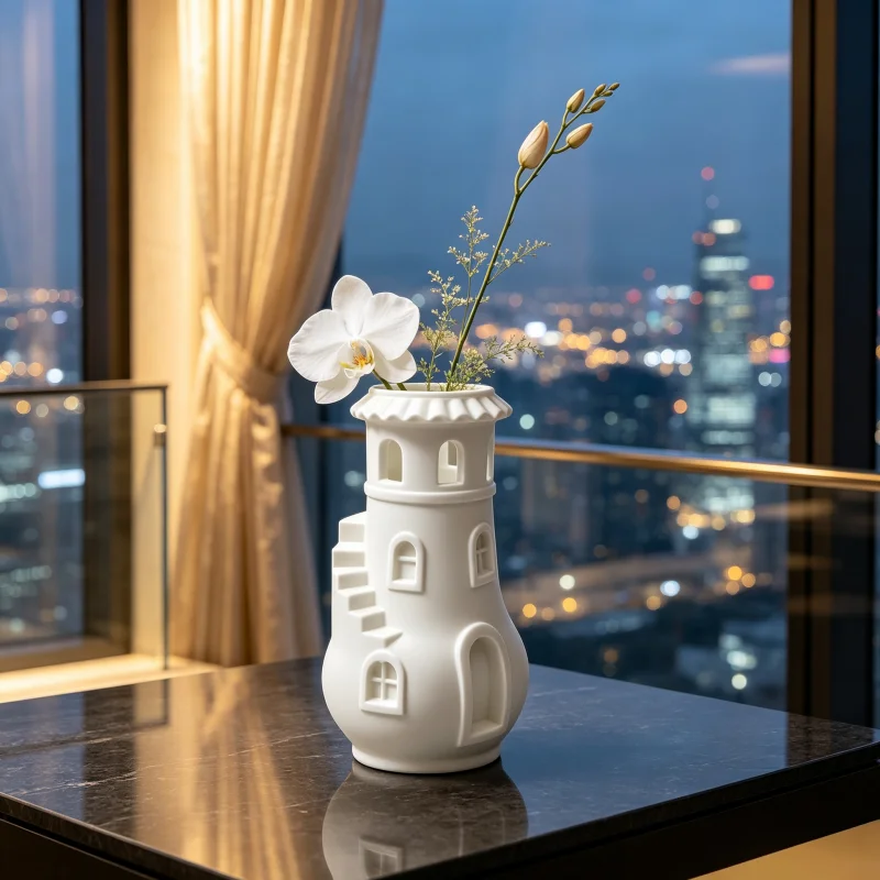 Nordic-Style Pure White Mini Castle Desktop Vase, 3D Architectural Sculpture with Side Steps and Arched Windows, Full of Details, Matte Smooth Surface, Luxurious and Romantic Ambiance, Compact Size Suitable for Placing on Desks, Dressing Tables, or Shelves, Paired with Fresh Cut Small Bouquets to Create a Refined Home Decor, Unique and Distinctive Ornament, a Thoughtful Gift for Girls on Birthdays or Housewarming