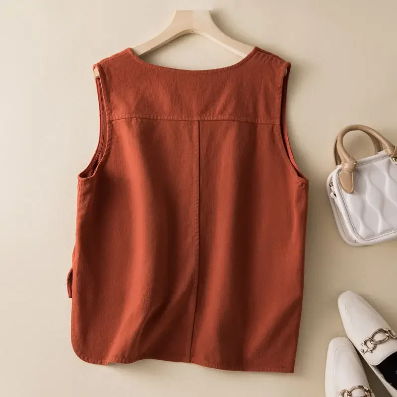 Summer Cotton Linen Vests for Women V-Neck Solid Retro Loose Sleeveless Top Women Fashion Versatile Pocket Design Oversized Vest