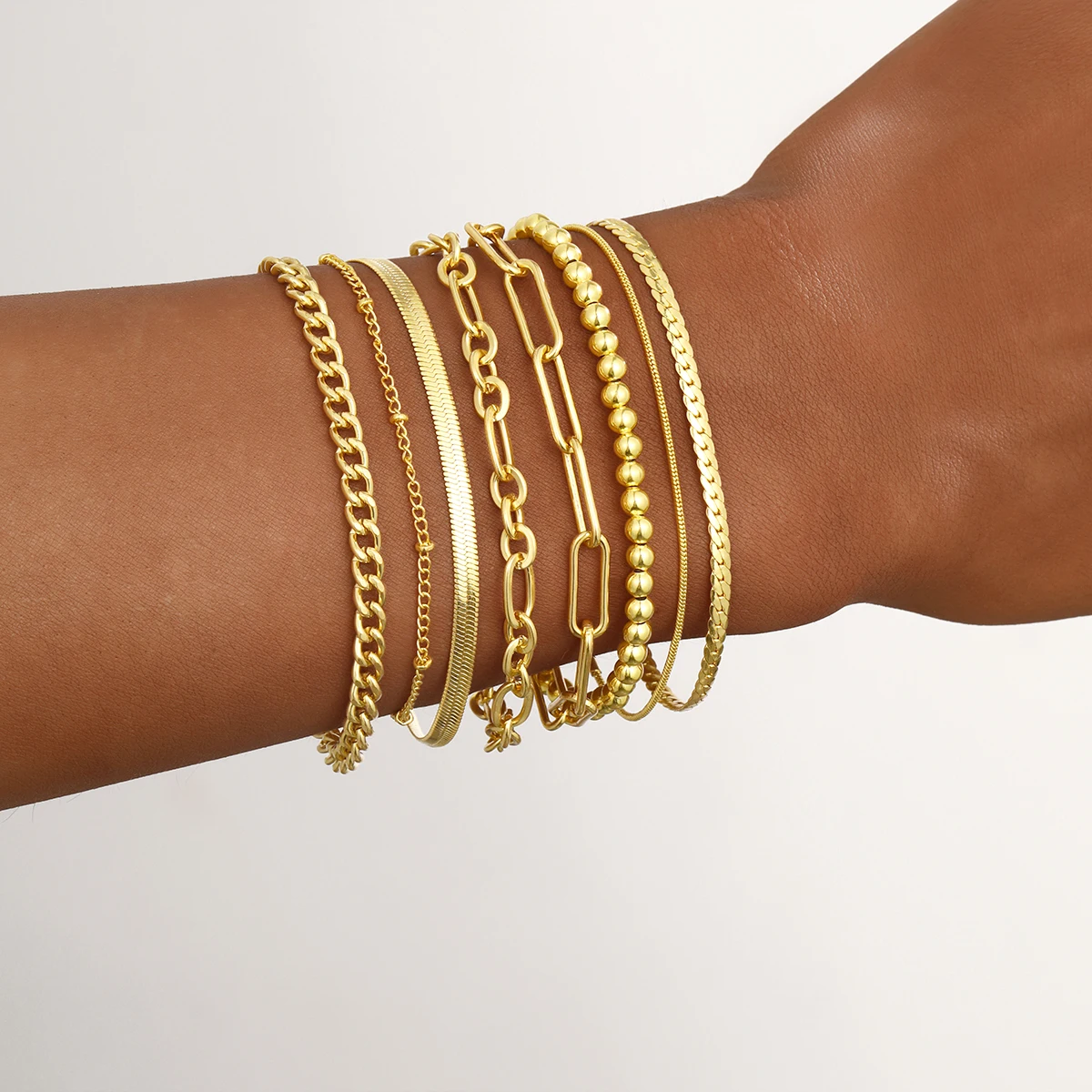 8 Pcs Gold Color Bracelet Set Boho Retro Thick Twist Cuban Beaded Chain Bracelet for Women 2024 Trendy Quality Jewelry Gifts
