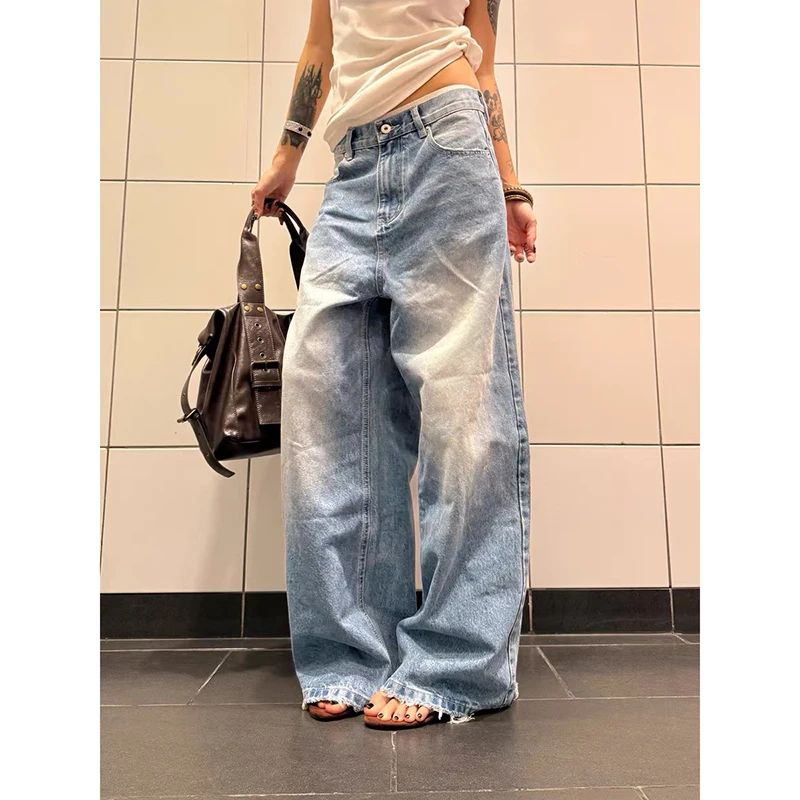 YIBASHU Women Baggy Blue Jeans Y2k Japanese Streetwear Denim Pants Wide Fit American Retro Grunge Hip-pop Harajuku Cowboy 2000s