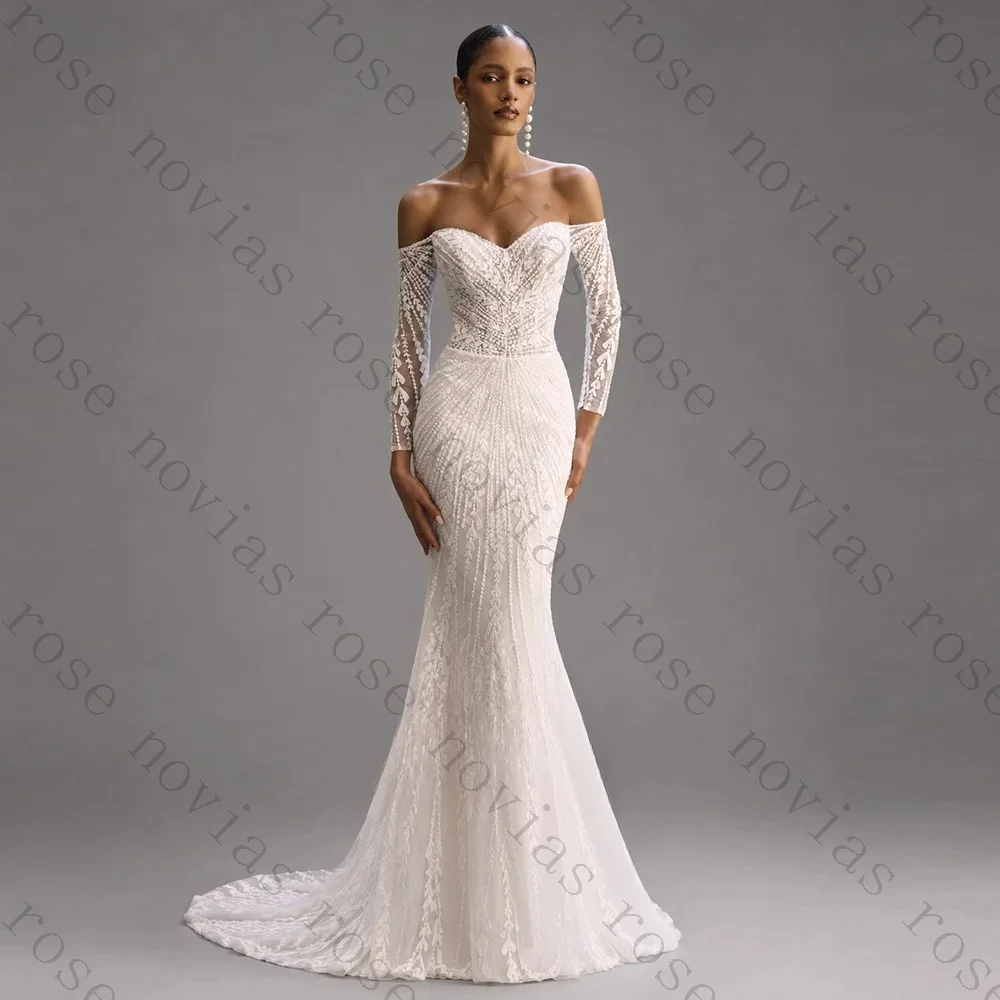 Customized Off Shoulder Lace Wedding Dress 2026 Full Sleeve Mermaid Bridal Gown with Beading Elegant Luxury Bride Dress Women