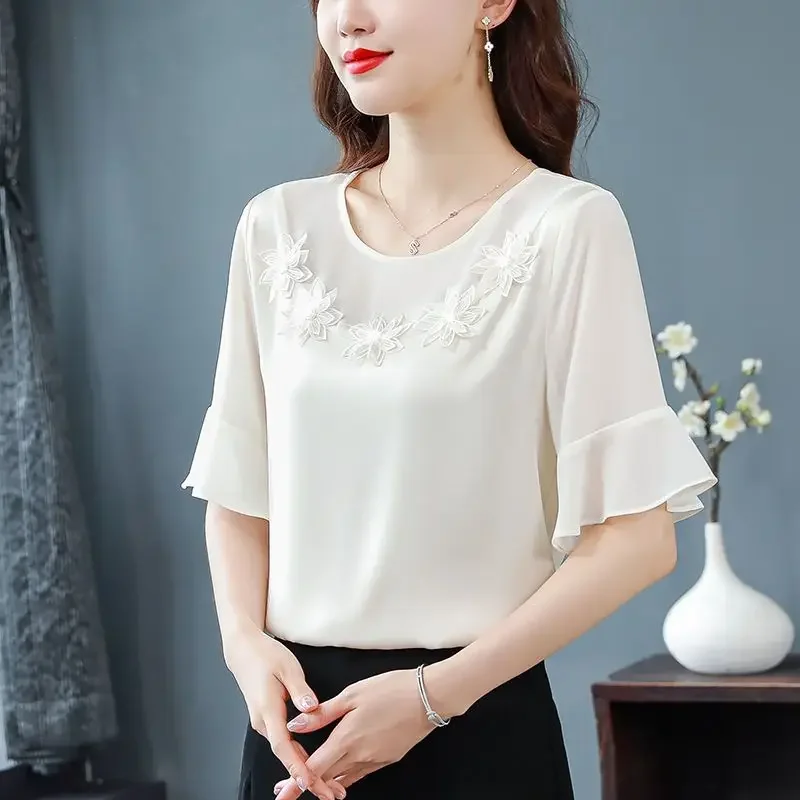 Sommer neue Chiffon lose All-Match-Shirt Tops Rundhals ausschnitt Flare Ärmel einfarbige Bluse elegante Mode Damen bekleidung x802