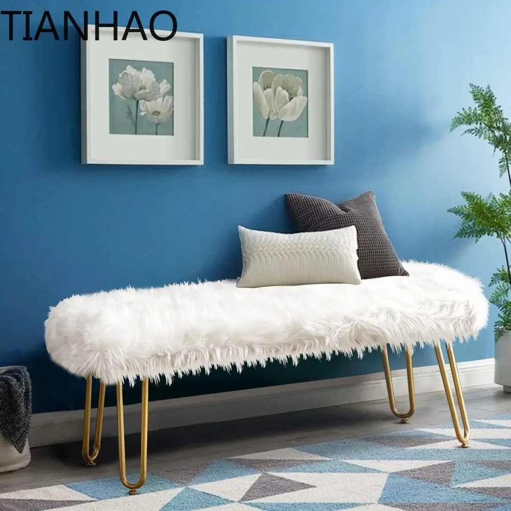 White Faux Fur Ottoman Bench Upholstered Furry Entryway Bedroom Bench with Gold Metal Legs, Modern Contemporary Long Bench