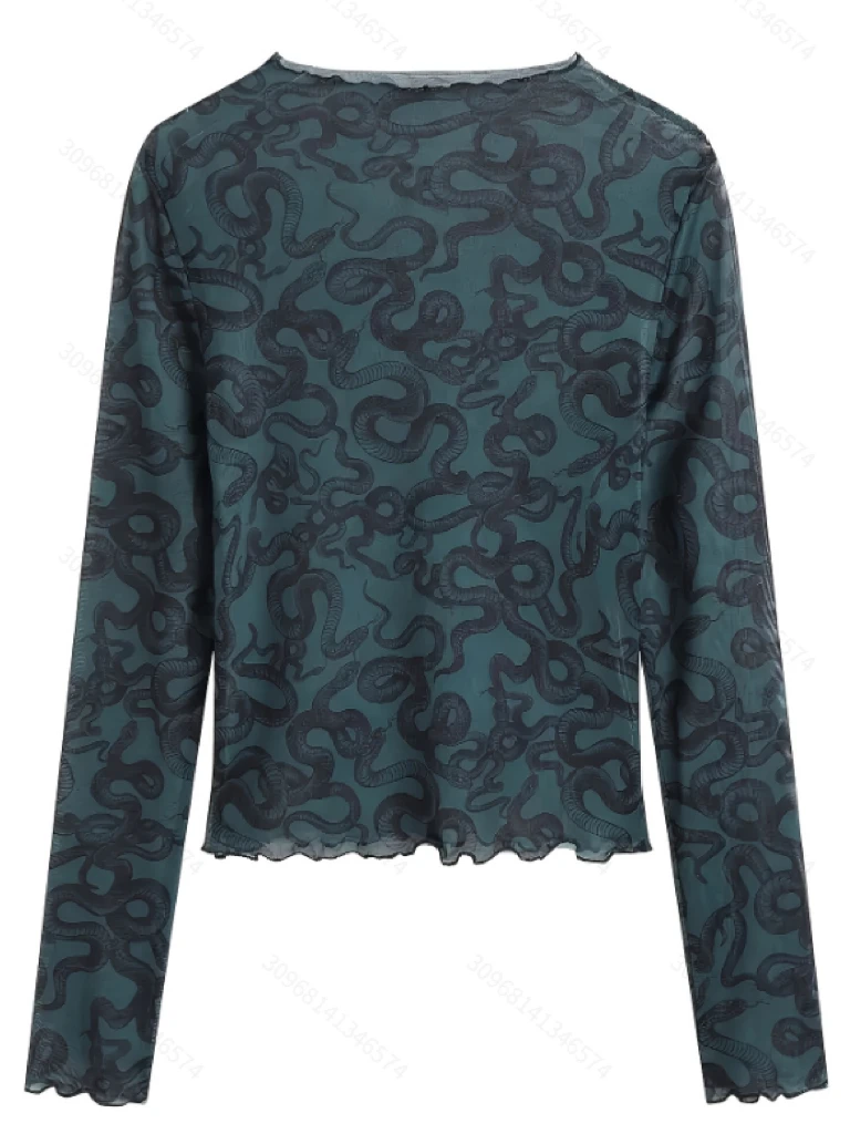 Women's Snake Print Mesh Long-Sleeve Top, Slim Sheer Layering Tee