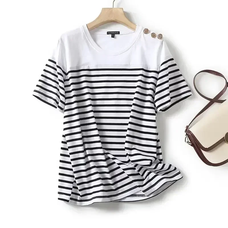 Ladies 2023 Casual Fashion Shoulder Exquisite Button Design Classic Striped T-shirt O-neck Short-sleeved T-shirt Loose Top