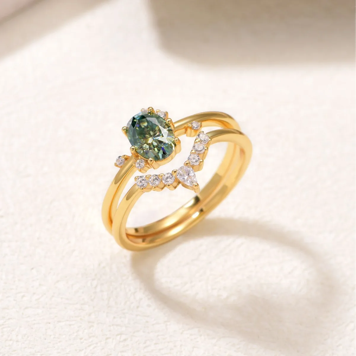 

Green Morganite stacked ring with oval main stone and droplet secondary stone. Golden best-selling LMR0153