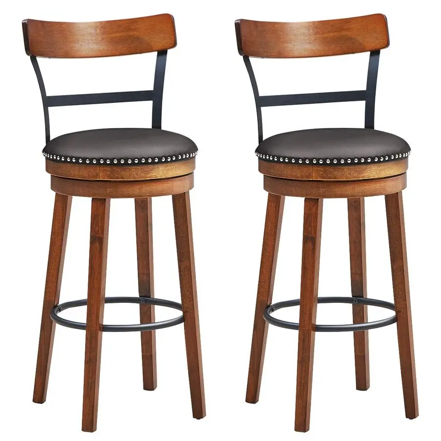 

Bar Stools Set of 2, 360Degree Swivel Stools with Leather Padded Seat, Single Slat Ladder Back amp Solid Rubber Wood Legs, Bar H