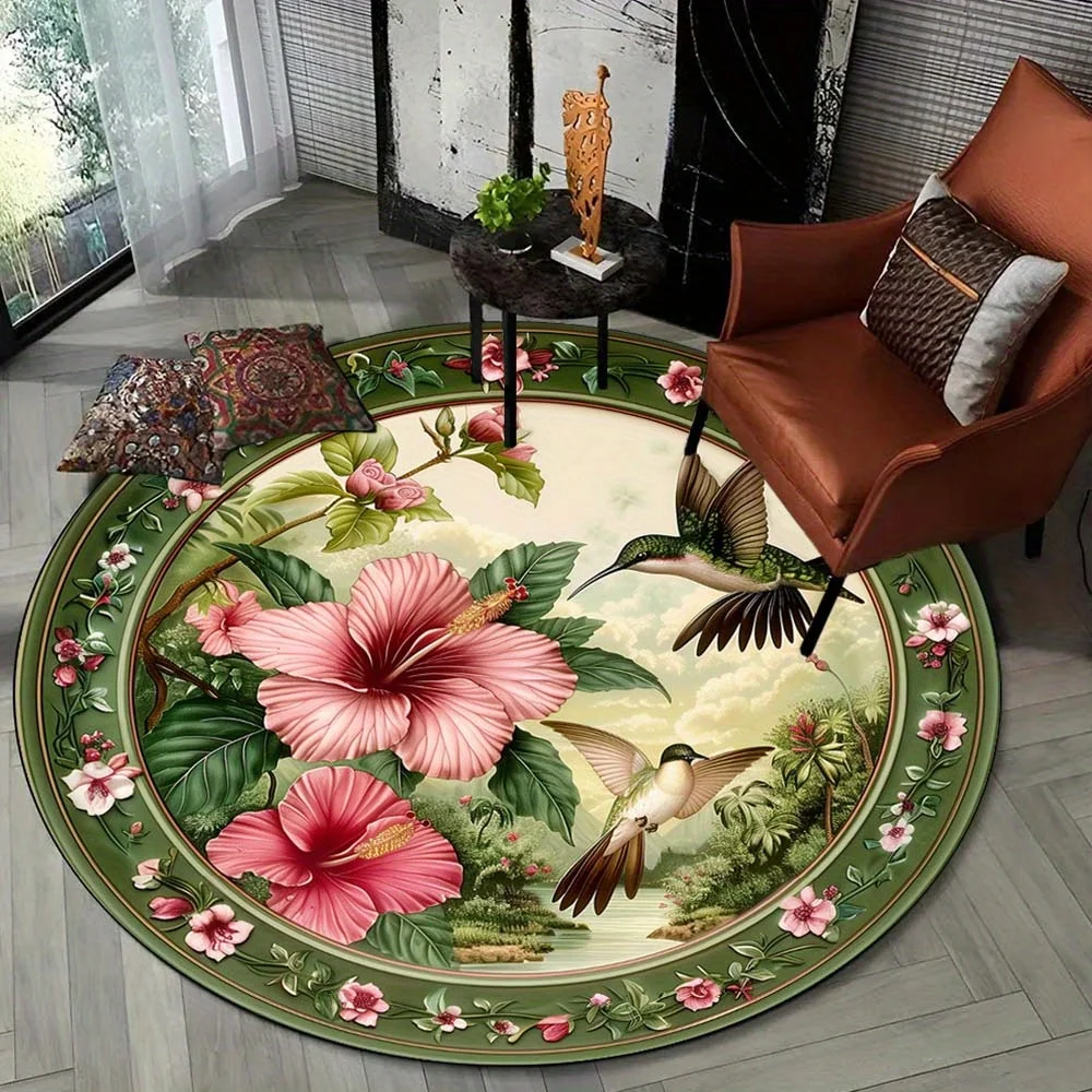 Vintage Hummingbird Round Mat Pink HibiscusTropical Flower Green Floral Border Botanical Circular Decor RugLiving Space Decor
