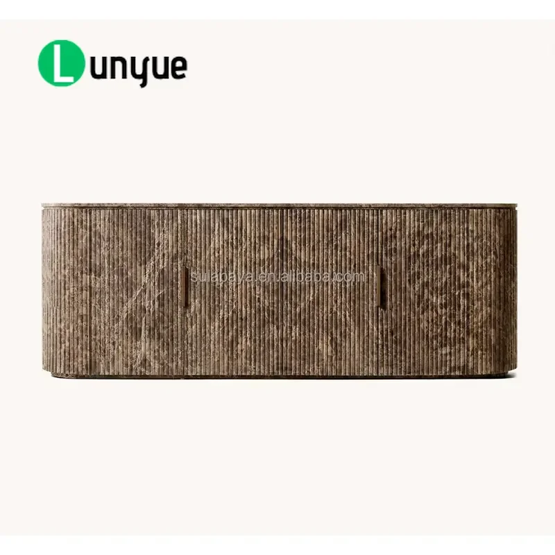 Modern Travertine Stone 4 Door Sideboard Cabinet Living Room Dining Storage Furniture Natural Marble Texture Elegant Design