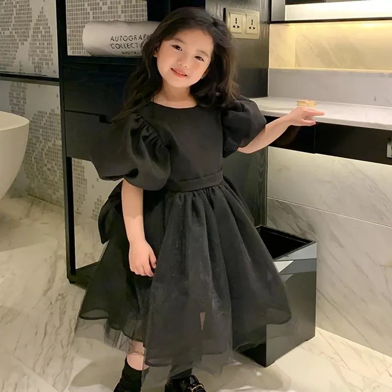 Kids Toddler Puff Sleeve Dresses with Big Bow Black Backless Mesh Party Princess Dress for Girls Korean Style Girl Clothing 8 9
