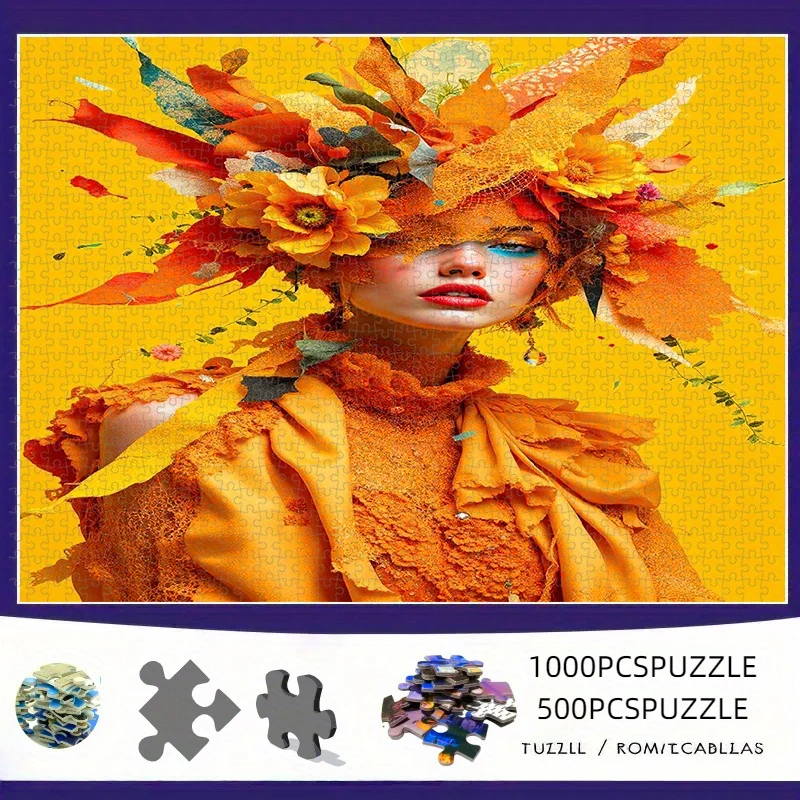 Rompecabezas de 500/1000 Piezas, Rompecabezas de Papel DIY, Tema Floral Otoñal, Mujer con Corona, Rompecabezas para Adultos, Apto para: Hogar y Ocio