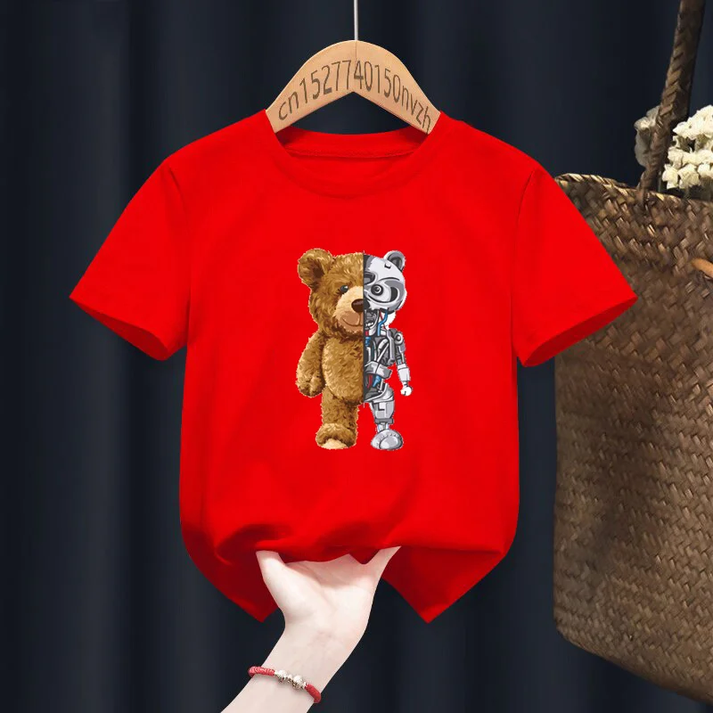 Funny Mechanical Bear Print Red Kid T-shirts Children Baby Black Harajuku Kawaii Clothes Boy Girl Tops Gift Present ,Drop Ship