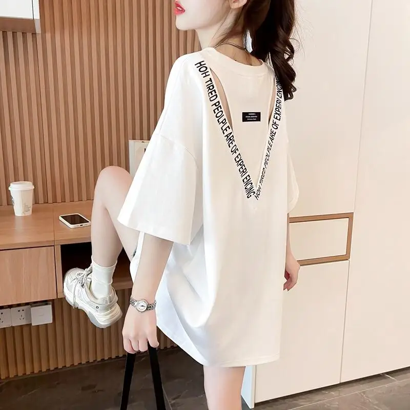 Hot 2026 New Summer Women Cross Border Lace Splicing T-Shirt European Trendy Design Letter Round Neck Short Sleeve T-Shirt Tops