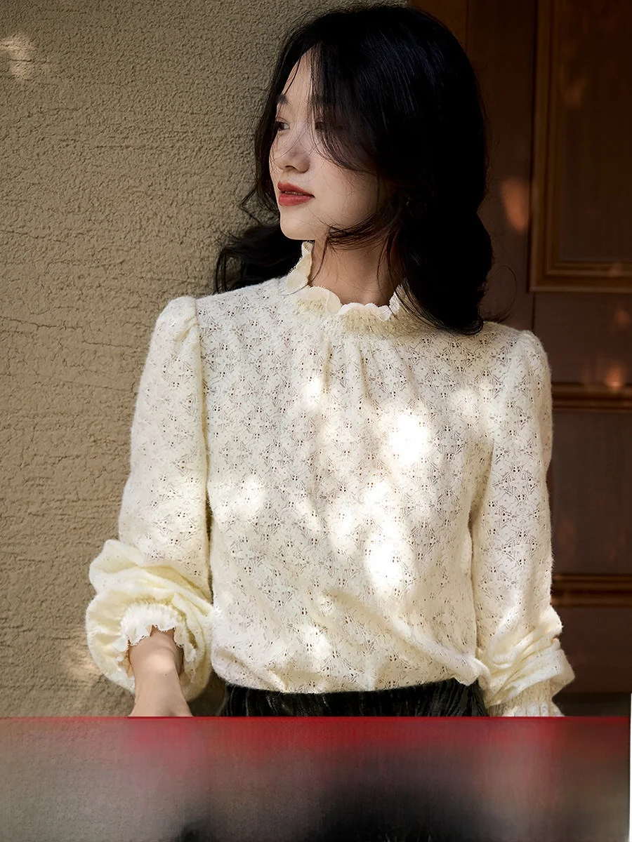 

Женская блузка с высоким воротником и кружевной отделкой, дышащая, комфортная, с длинным рукавом, повседневный топ