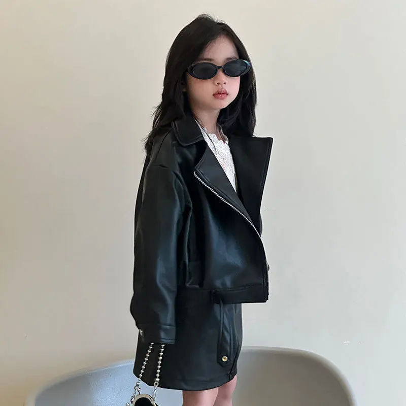 

Girls' Leather Jacket Set 2025 Autumn New Leather Jacket Top Leather Skirt Children's Casual Fashion