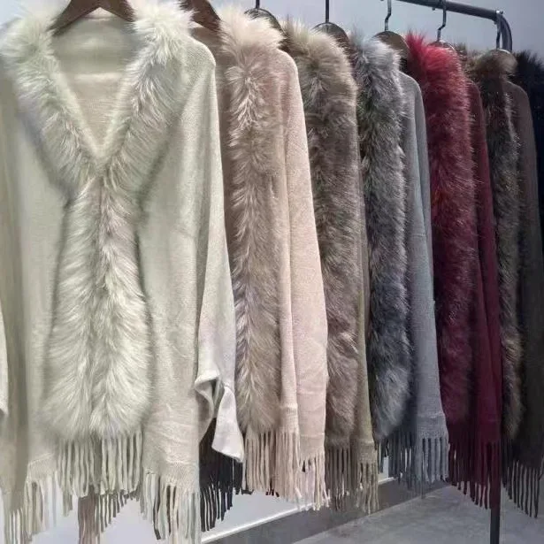 

Women Batwing Sleeves Knitwear Winter Long Faux Fur Knitted Poncho Cape Female Loose Tassel Shawl Cardigan Cloak