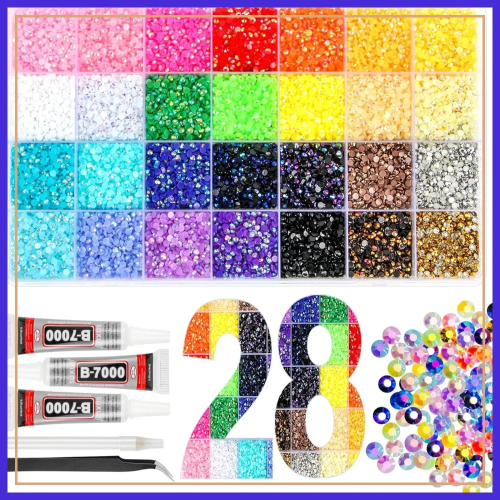

36000Pcs Resin Jelly Rhinestones, 28 Colors 3mm Flatback Gems for Diamond Art, 3Pcs 10ml B7000 Glue for Crafts