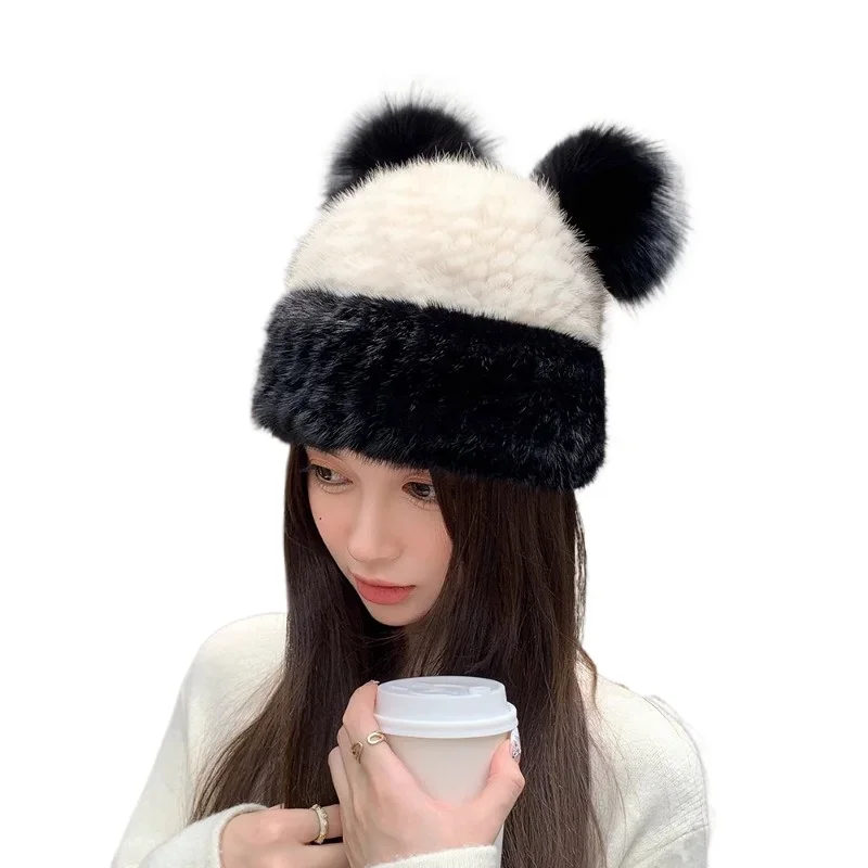 Mink hair bear hat autumn and winter female warm mink fur hat fox ball ear protection shows small temperament