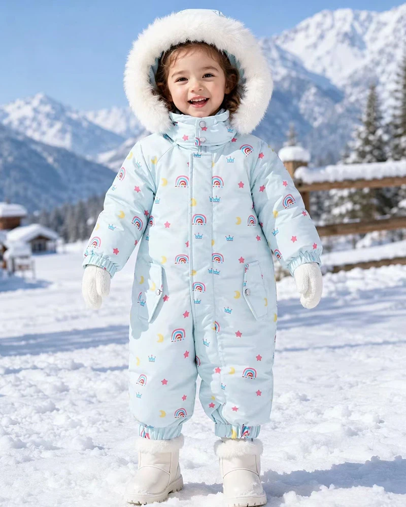 Boys Jumpsuit 2026 New Winter Children Jacket Plus Velvet Warm Kids Clothes Waterproof Baby Ski Suit Hooded Boys Snowsuit 1-5Yrs