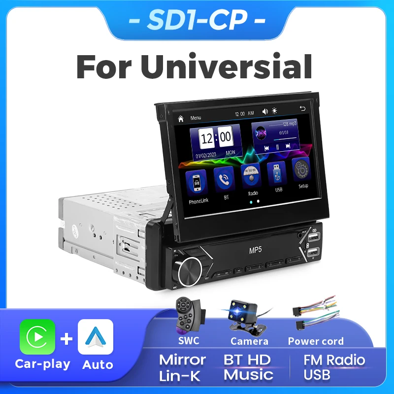 7 Inch Retractable Touch Screen Intelligent System Car Multimedia MP5 Player For Universal Support Wireless Carplay Android Auto