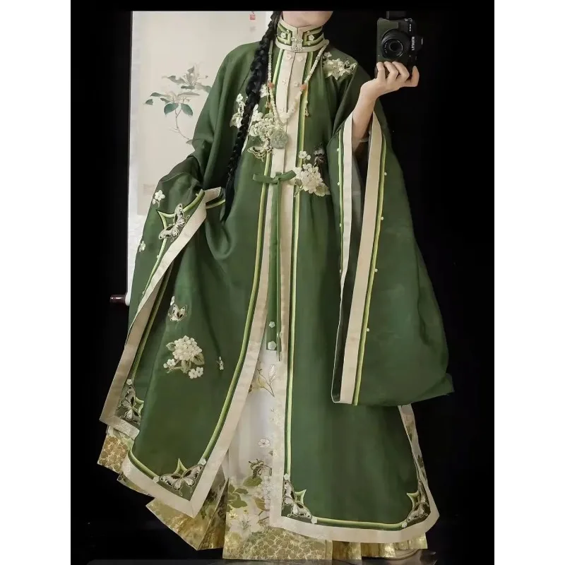 

Plus Size 8XL Hanfu For Women 115kg Ancient Chinese Vintage Ming Dynasty Green Long Coat Beige Horse Face Skirt 3pcs Suits 6XL