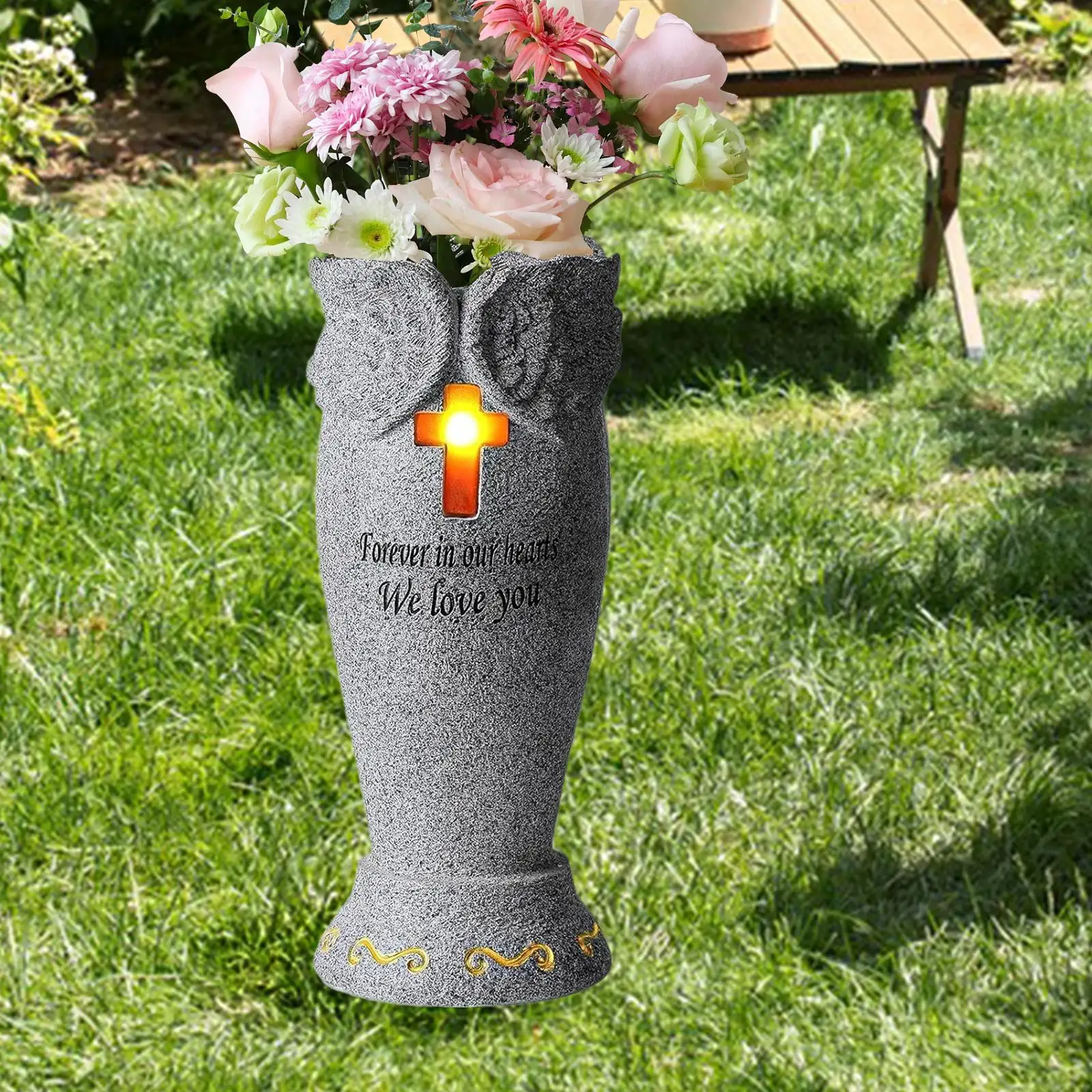 Cemetery Grave Flower Vase Gravestone Decor Resin Grave Decoration Solar Cemetery Grave Vase with LED Memorial Gift for Cemetery