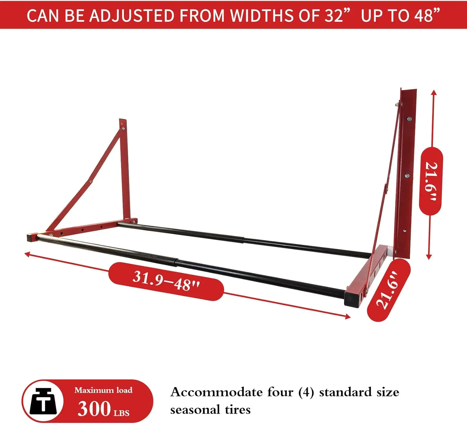 حامل عجلة الإطارات القابل للطي على الحائط لإطارات السيارات الاحتياطية، أحمر (32 بوصة - 48 بوصة) × 22 بوصة، حل تخزين المرآب #2