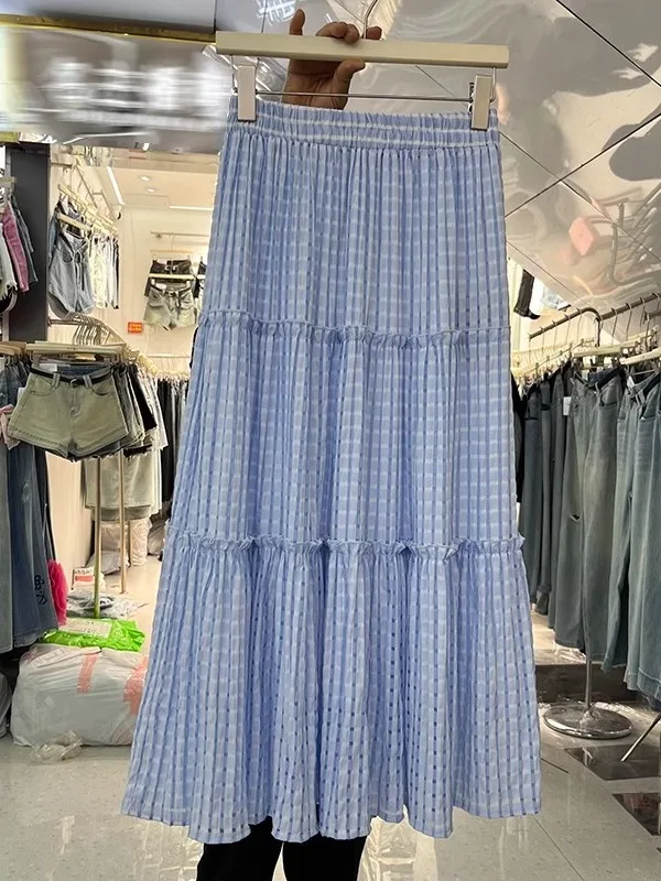 Koreańska Spódnica w Kratę Retro w Stylu A-Line Damska Spódnica Midi z Wysokim Stanem Letnia Elastyczna Spódnica Rozkloszowana Do Pracy Faion