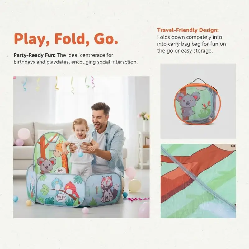 Foldable Kids Ball Pit Cute Cartoon Animal Print Breathable Mesh with Carry Handle for Travel Toddler Play Use