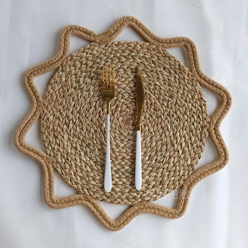 Woven Water Hyacinth Corn Husk Placemat Rural Style Braided Table Mat Cotton Rope Edge Coaster Floral Decorative Pad