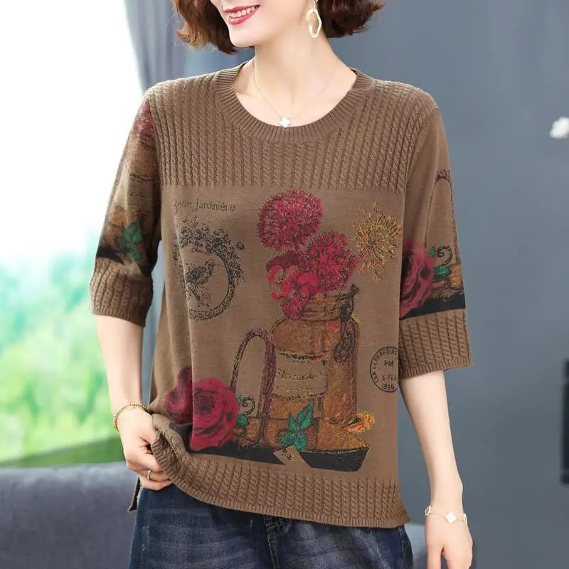 Women\'s Round Neck Sweaters 2023 Spring and Autumn Floral Printing Vintage Loose Half Sleeve All Match Pullover Knit Korean Tops