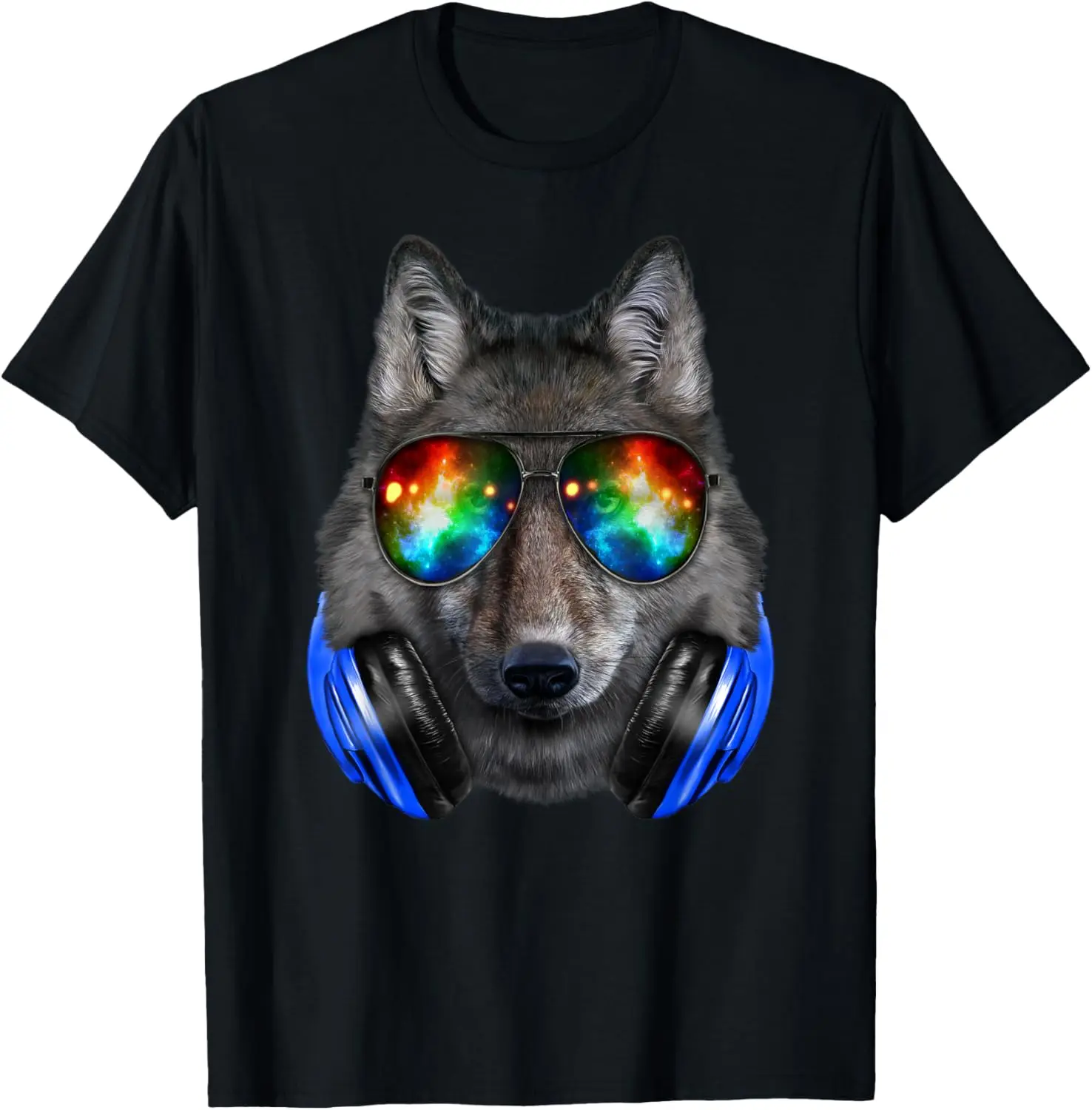 Grey Wolf As DJ In Galaxy Sunglass, Headphone - T-Shirt 100% Cotton Trendy Y2K Short-Sleeve Tee – Soft, Quick-Drying, All Occasion Casual  Suitable For Concert Party Hanging Out Sightseeing Trip