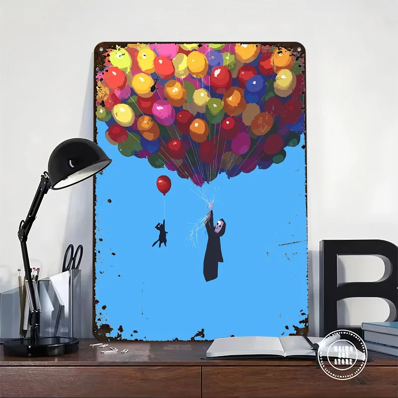 Grim Reaper and Cat With Balloons Printing Poster Customized Retro Wall Art Vintage Metal Signs for Gamer Decoration Room Decor